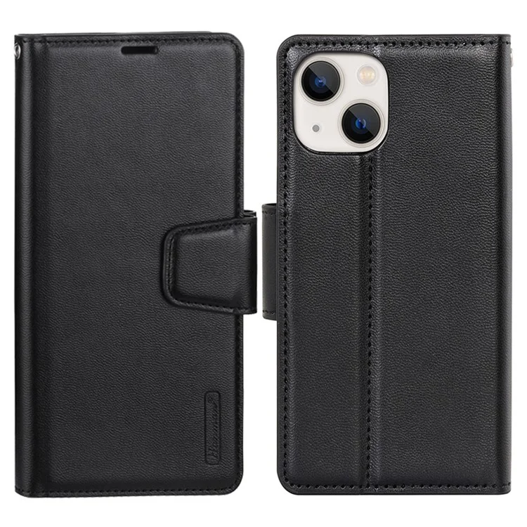HANMAN Mill Series para iPhone 14 Case Flip Folio de Couro PU Fechamento Magnético Suporte à Prova de Choque Capa de Telefone - Preto