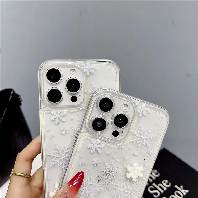 Custodia per iPhone 13 Pro Max, stile fiocco di neve, liquida, sabbia mobile, copertura protettiva in TPU - foro preciso per l'obiettivo