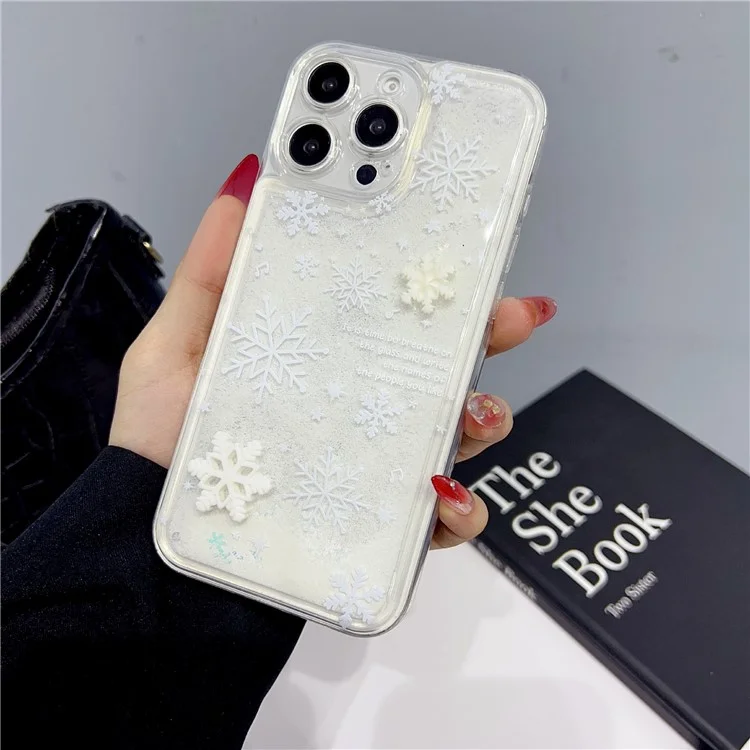 Custodia per iPhone 13 Pro Max, stile fiocco di neve, liquida, sabbia mobile, copertura protettiva in TPU - foro preciso per l'obiettivo