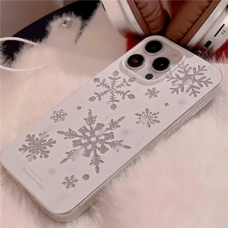 Funda para iPhone 15 Pro Max con purpurina y diseño de copos de nieve en TPU