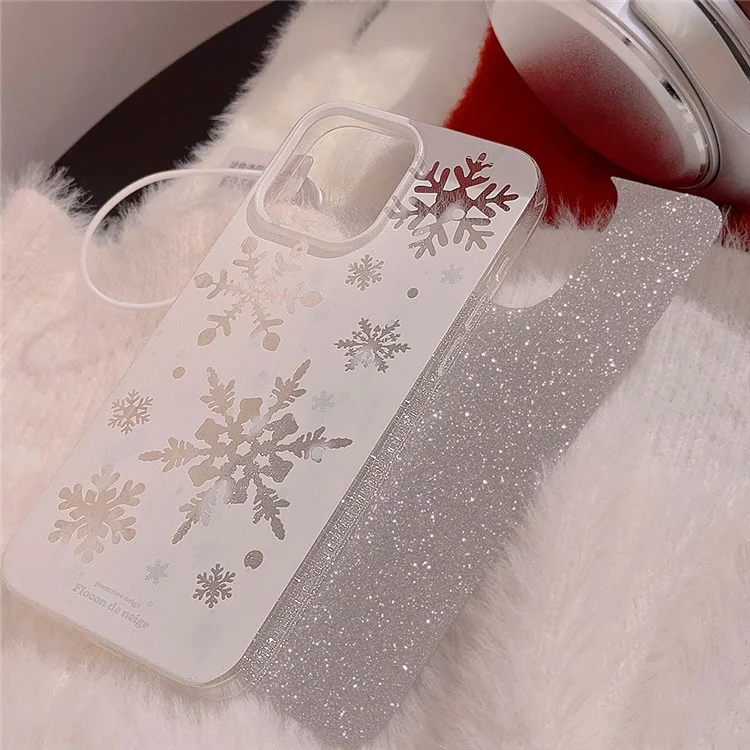 Funda para iPhone 15 Pro Max con purpurina y diseño de copos de nieve en TPU