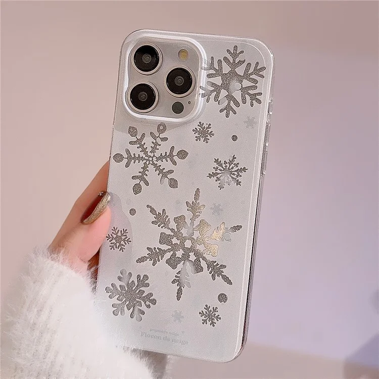 Funda para iPhone 15 Pro Max con purpurina y diseño de copos de nieve en TPU