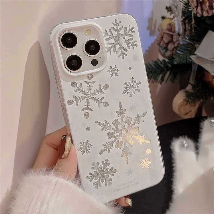 Funda para iPhone 15 Pro Max con purpurina y diseño de copos de nieve en TPU