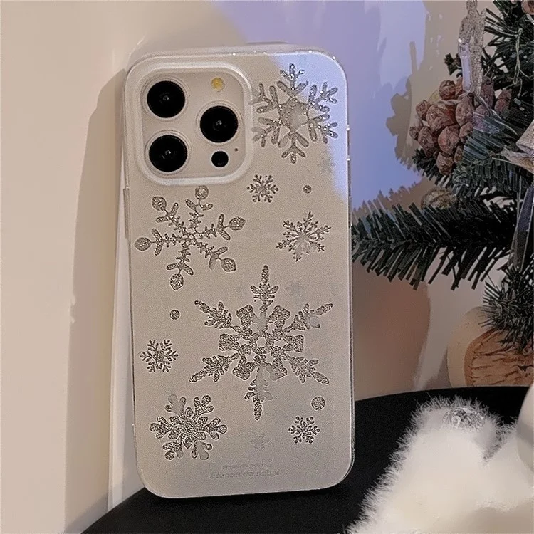 Funda para iPhone 15 Pro Max con purpurina y diseño de copos de nieve en TPU
