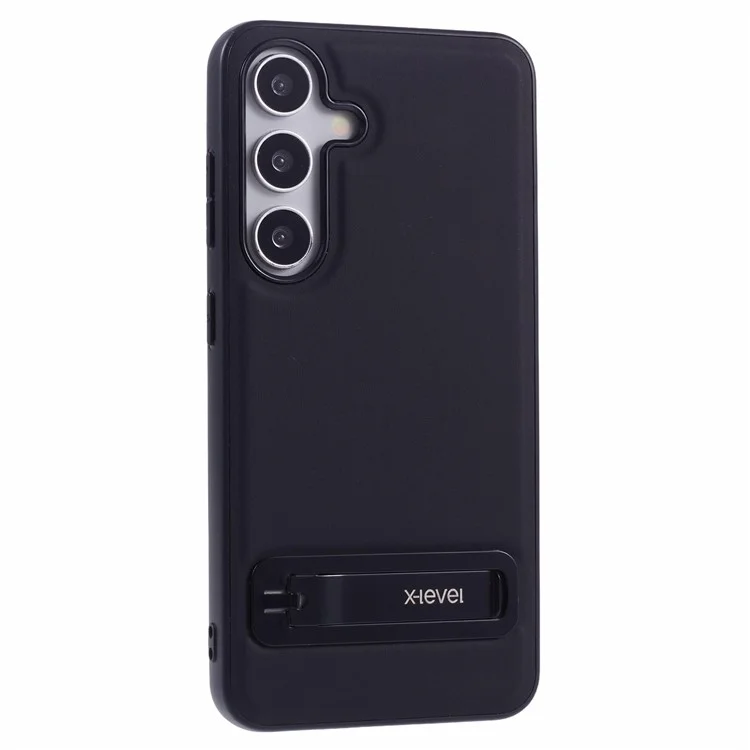 X-LEVEL For Samsung Galaxy S25+ Case Leather Coated PC TPU Phone Back Cover with Metal Kickstand - Black