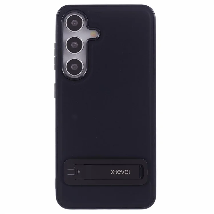 X-LEVEL For Samsung Galaxy S25+ Case Leather Coated PC TPU Phone Back Cover with Metal Kickstand - Black