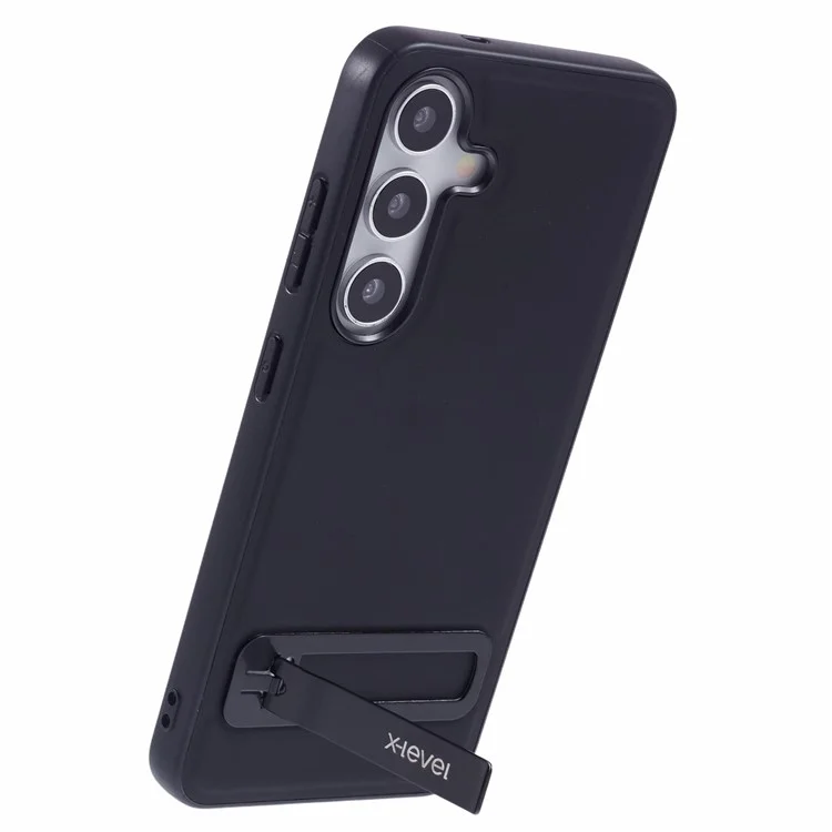 X-LEVEL For Samsung Galaxy S25+ Case Leather Coated PC TPU Phone Back Cover with Metal Kickstand - Black