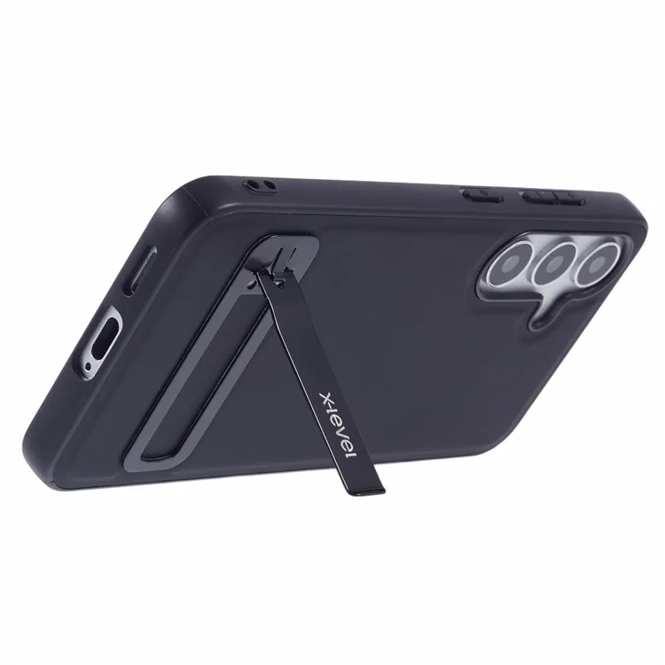 X-LEVEL For Samsung Galaxy S25+ Case Leather Coated PC TPU Phone Back Cover with Metal Kickstand - Black