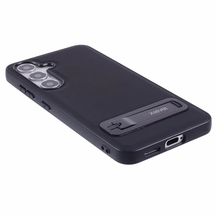 X-LEVEL For Samsung Galaxy S25+ Case Leather Coated PC TPU Phone Back Cover with Metal Kickstand - Black