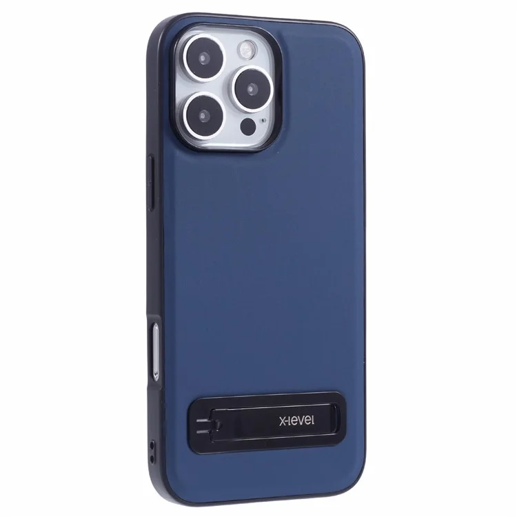 X-LEVEL For iPhone 16 Pro Case Leather Coated PC TPU Phone Back Cover with Metal Kickstand - Blue