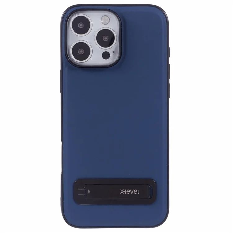 X-LEVEL For iPhone 16 Pro Case Leather Coated PC TPU Phone Back Cover with Metal Kickstand - Blue