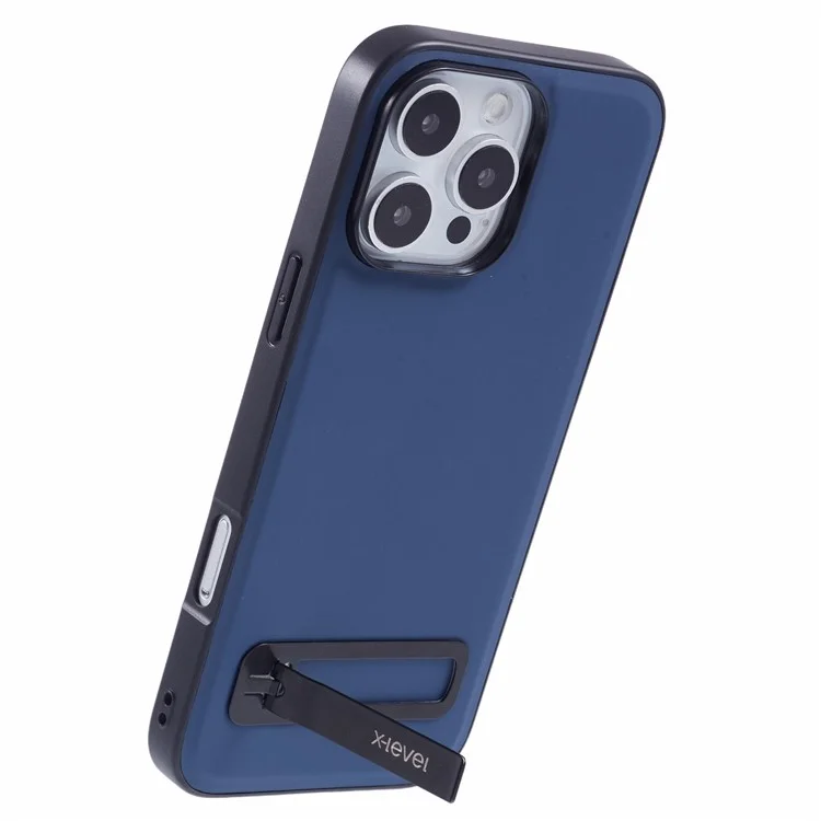 X-LEVEL For iPhone 16 Pro Case Leather Coated PC TPU Phone Back Cover with Metal Kickstand - Blue