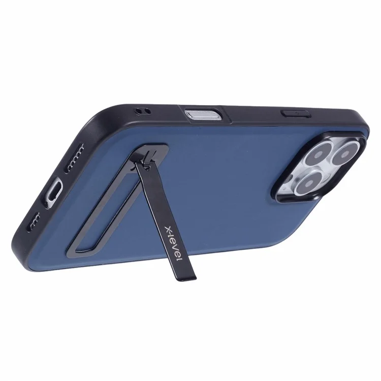 X-LEVEL For iPhone 16 Pro Case Leather Coated PC TPU Phone Back Cover with Metal Kickstand - Blue