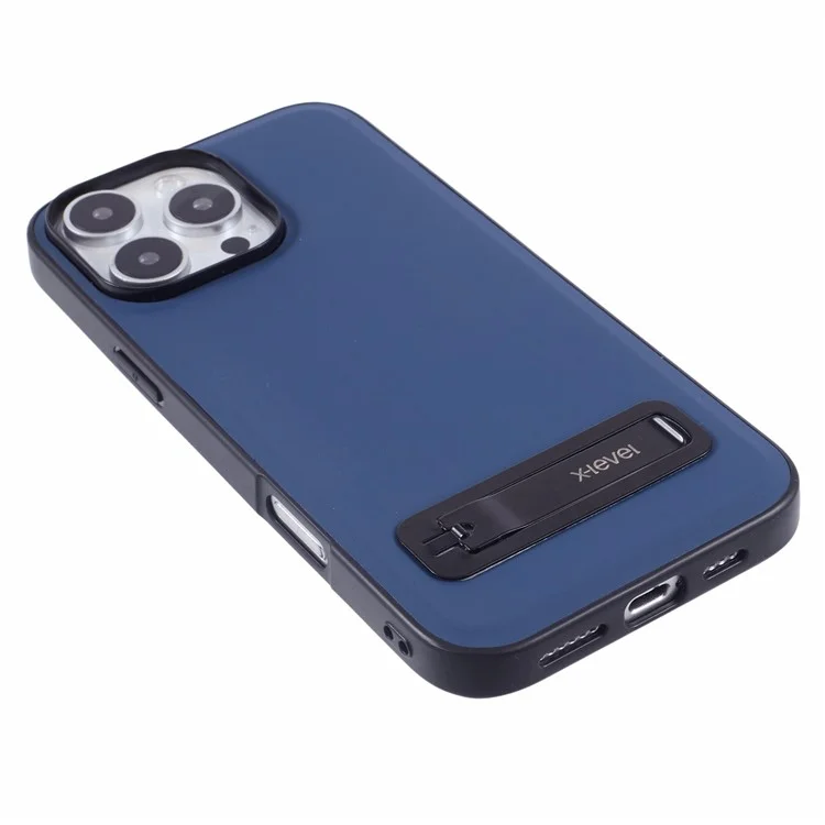 X-LEVEL For iPhone 16 Pro Case Leather Coated PC TPU Phone Back Cover with Metal Kickstand - Blue