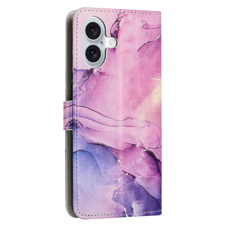 Чехол-подставка для iPhone 16 с мраморным узором, кожаный бумажник с ремешком на запястье - фиолетовый