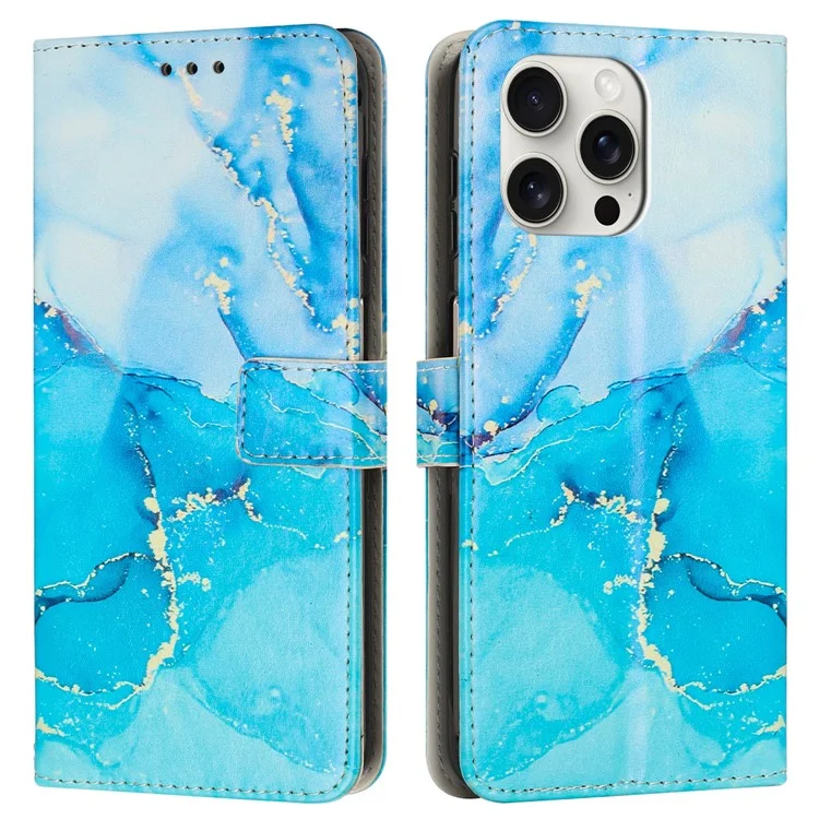 Funda de pie para iPhone 16 Pro, con patrón de mármol, de piel sintética (PU) y con correa para la muñeca - Azul / Verde