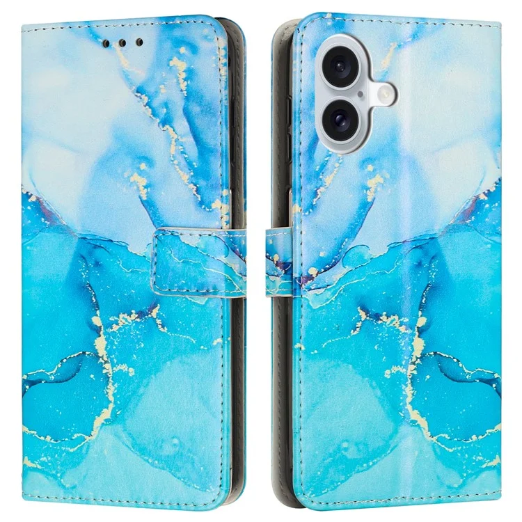 Für iPhone 16 Plus Ständerfall Marmorstruktur PU-Leder Brieftasche Handyhülle mit Handgelenkband - Blau / Grün
