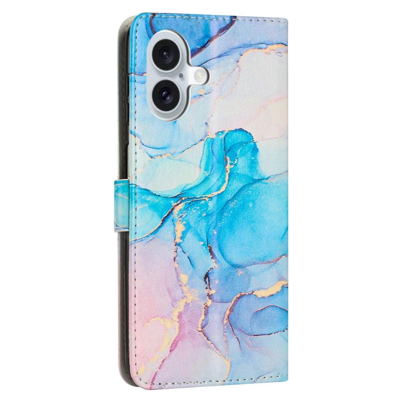 For iPhone 16 Plus Stand Case Marble Pattern PU Leather Wallet Phone Cover with Wrist Strap - Pink  /  Green