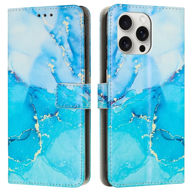 Für iPhone 16 Pro Max Ständerfall Marmorstruktur PU-Leder Brieftasche Handyhülle mit Handschlaufe - Blau / Grün