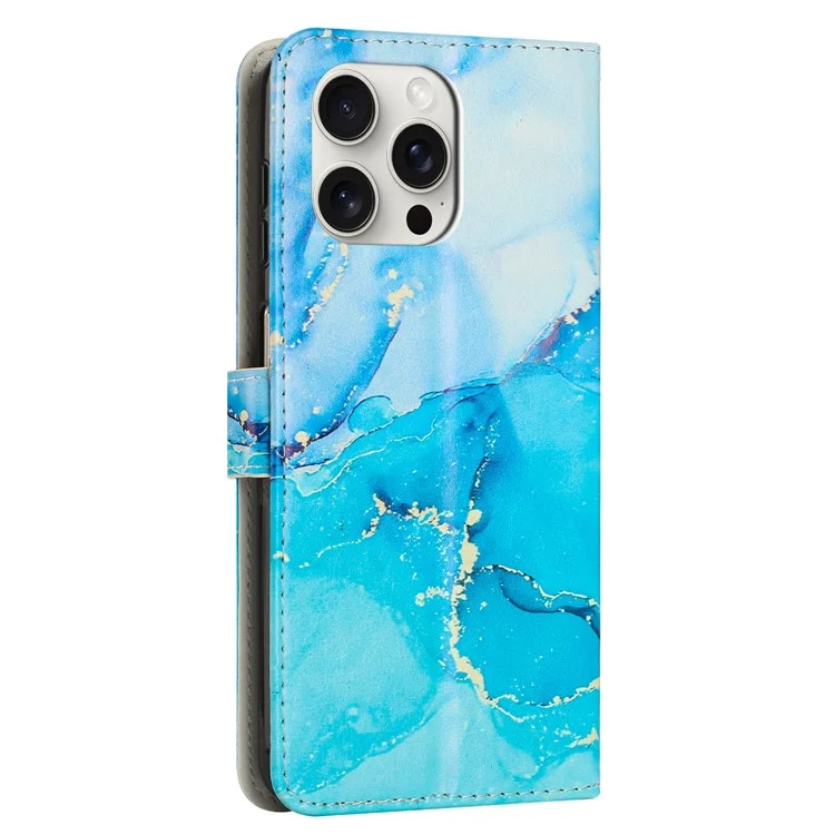 Für iPhone 16 Pro Max Ständerfall Marmorstruktur PU-Leder Brieftasche Handyhülle mit Handschlaufe - Blau / Grün