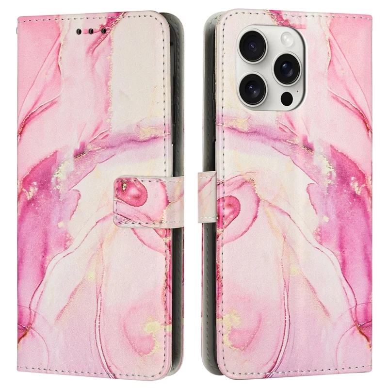 For iPhone 16 Pro Max Stand Case Marble Pattern PU Leather Wallet Phone Cover with Wrist Strap - Rose Gold