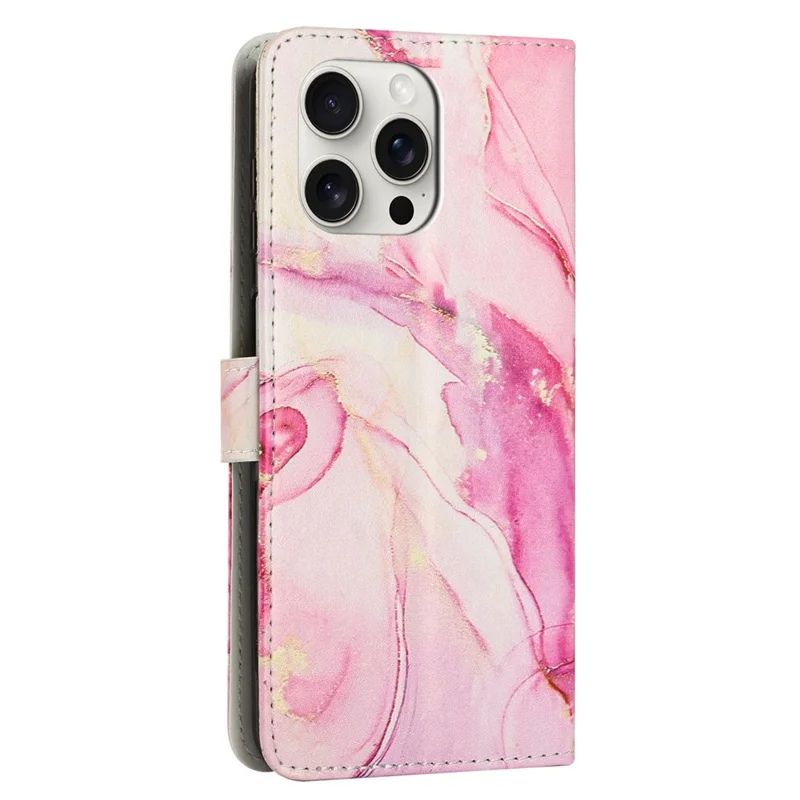 For iPhone 16 Pro Max Stand Case Marble Pattern PU Leather Wallet Phone Cover with Wrist Strap - Rose Gold