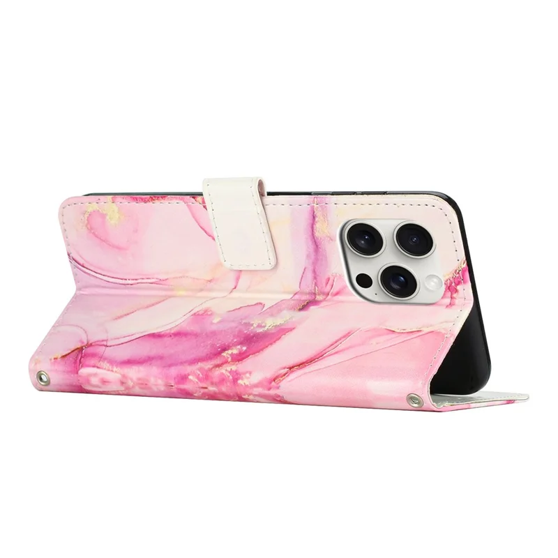 For iPhone 16 Pro Max Stand Case Marble Pattern PU Leather Wallet Phone Cover with Wrist Strap - Rose Gold