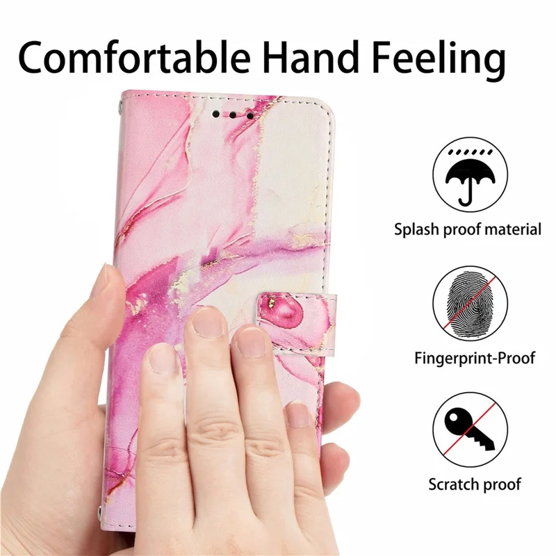For iPhone 16 Pro Max Stand Case Marble Pattern PU Leather Wallet Phone Cover with Wrist Strap - Rose Gold