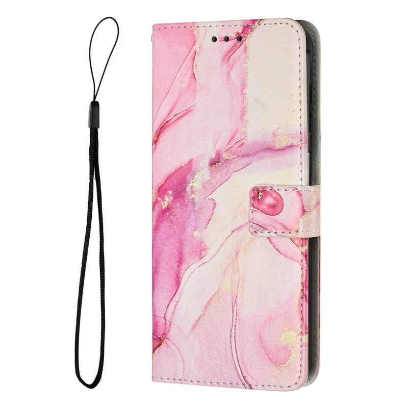 For iPhone 16 Pro Max Stand Case Marble Pattern PU Leather Wallet Phone Cover with Wrist Strap - Rose Gold