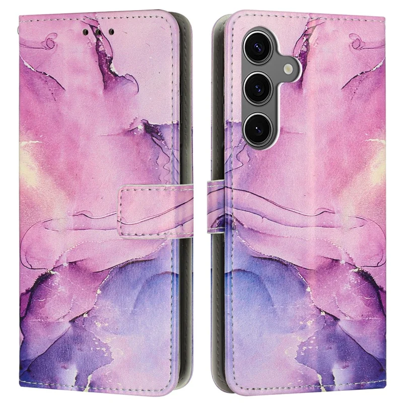 For Samsung Galaxy S25 / S24 Stand Case Marble Pattern PU Leather Wallet Phone Cover with Wrist Strap - Purple