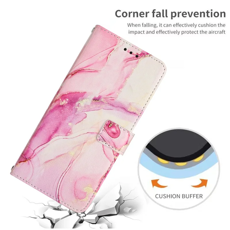 Étui de support pour Samsung Galaxy S25+ / S24+ avec motif de marbre, en cuir PU, avec dragonne - Or rose