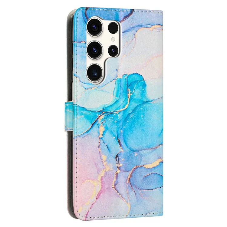 Étui support en cuir PU à motif marbre pour Samsung Galaxy S24 Ultra avec dragonne - Rose / Vert