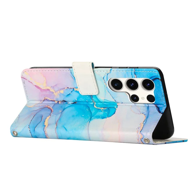 Étui support en cuir PU à motif marbre pour Samsung Galaxy S24 Ultra avec dragonne - Rose / Vert