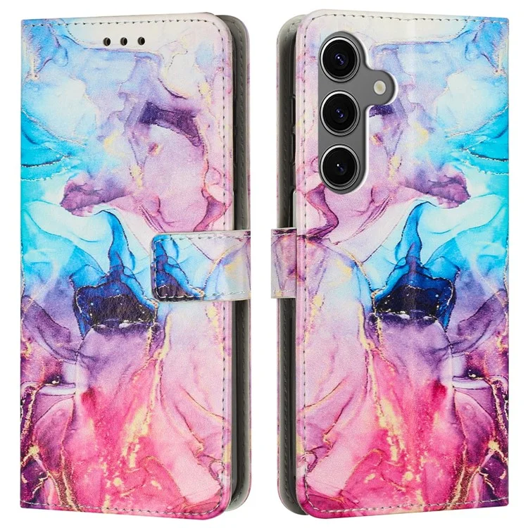 Чехол-подставка для Samsung Galaxy S24 FE с мраморным узором, кошелек из искусственной кожи с ремешком на запястье - Розовый / Фиолетовый