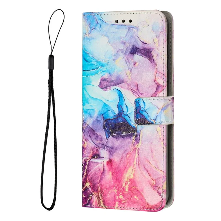 Чехол-подставка для Samsung Galaxy S24 FE с мраморным узором, кошелек из искусственной кожи с ремешком на запястье - Розовый / Фиолетовый