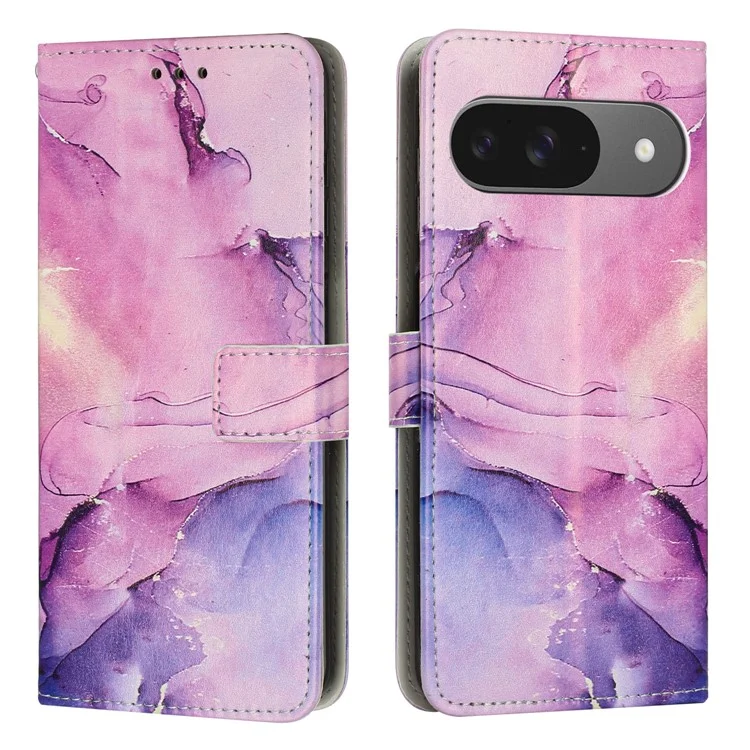 Custodia a portafoglio in pelle PU con motivo marmorizzato e cinturino da polso per Google Pixel 9 / 9 Pro - Viola