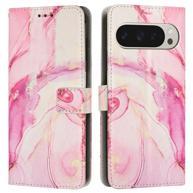 Für Google Pixel 9 Pro XL Ständerfall Marmoroptik PU-Leder Brieftasche Telefonhülle mit Handschlaufe - Roségold