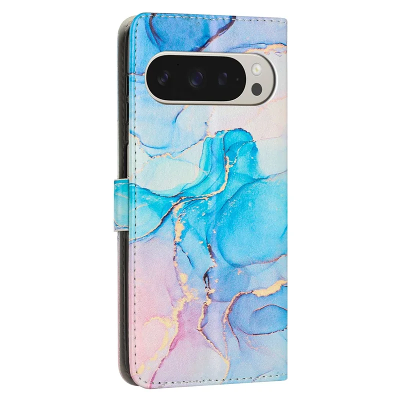 For Google Pixel 10 Pro XL / 9 Pro XL Stand Case Marble Pattern PU Leather Wallet Phone Cover with Wrist Strap - Pink  /  Green