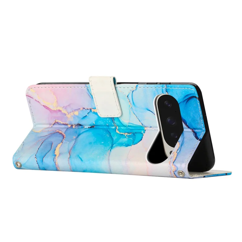 For Google Pixel 10 Pro XL / 9 Pro XL Stand Case Marble Pattern PU Leather Wallet Phone Cover with Wrist Strap - Pink  /  Green