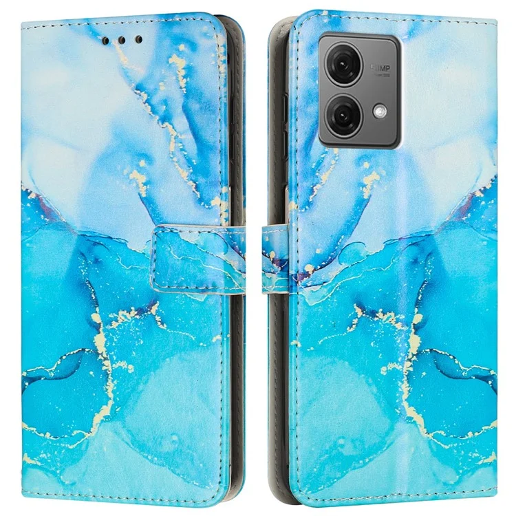 Capa com suporte para Motorola Moto G84 5G, padrão de mármore, em couro sintético, com alça de pulso - Azul / Verde