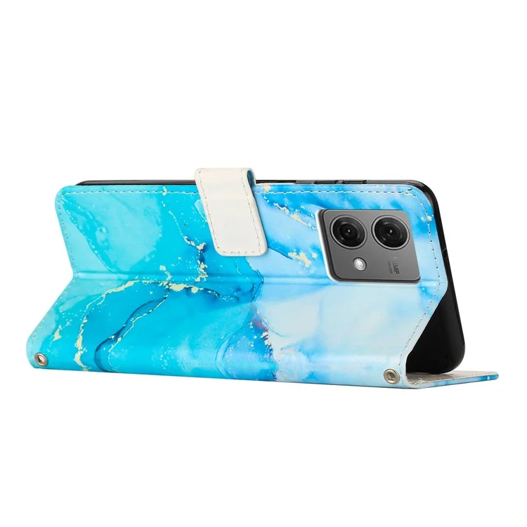 Capa com suporte para Motorola Moto G84 5G, padrão de mármore, em couro sintético, com alça de pulso - Azul / Verde