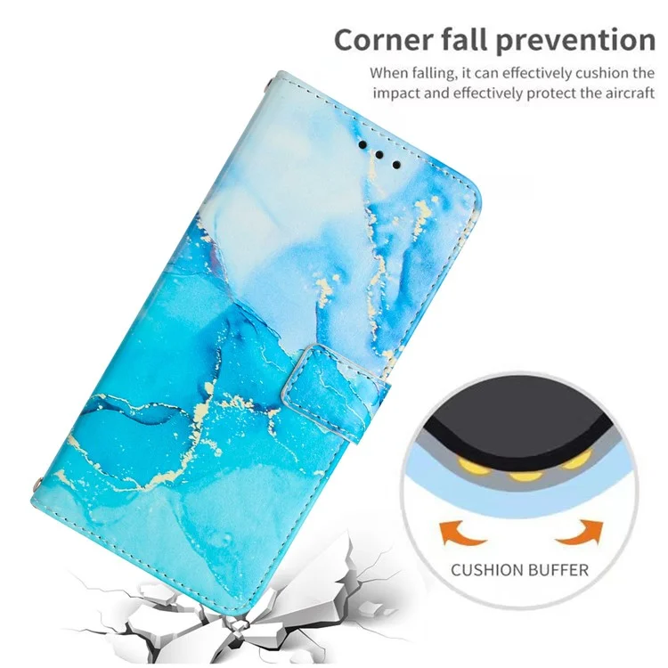 Capa com suporte para Motorola Moto G84 5G, padrão de mármore, em couro sintético, com alça de pulso - Azul / Verde