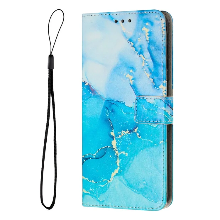 Capa com suporte para Motorola Moto G84 5G, padrão de mármore, em couro sintético, com alça de pulso - Azul / Verde