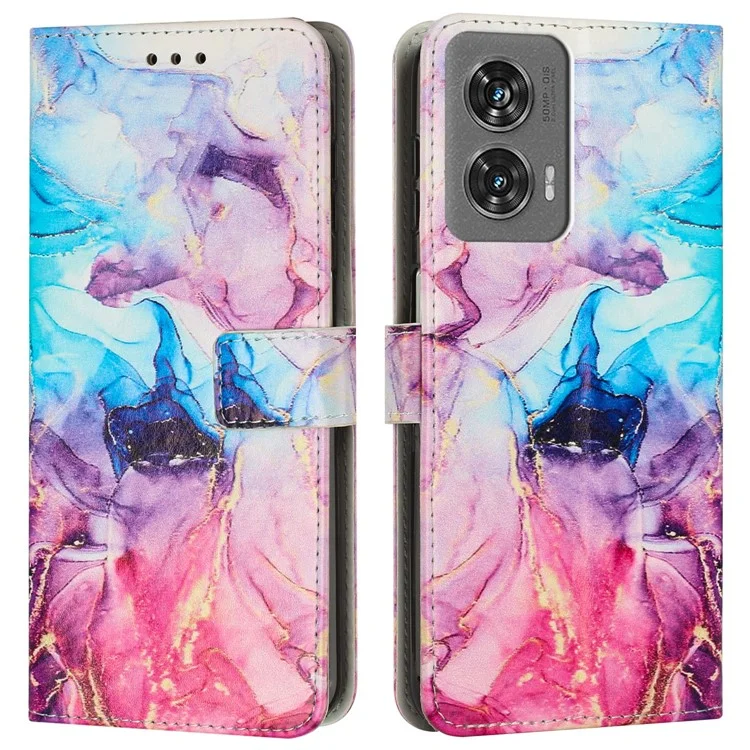 Étui debout pour Motorola Moto G35 5G, motif marbre, en cuir PU, housse de téléphone avec dragonne - Rose / Violet