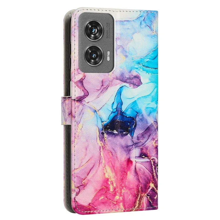 Étui debout pour Motorola Moto G35 5G, motif marbre, en cuir PU, housse de téléphone avec dragonne - Rose / Violet