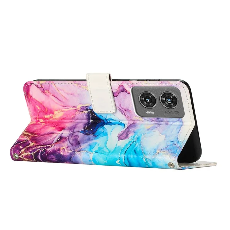 Étui debout pour Motorola Moto G35 5G, motif marbre, en cuir PU, housse de téléphone avec dragonne - Rose / Violet