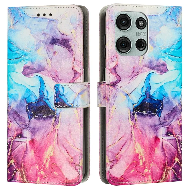 Étui debout en marbre pour Motorola Moto G75 5G en cuir PU avec dragonne - Rose / Violet