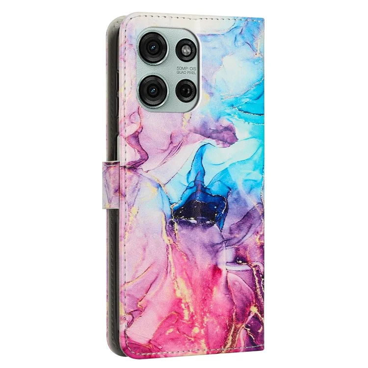 Étui debout en marbre pour Motorola Moto G75 5G en cuir PU avec dragonne - Rose / Violet