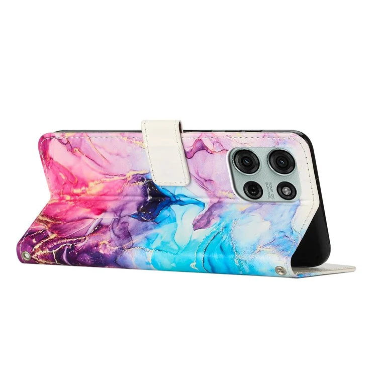 Étui debout en marbre pour Motorola Moto G75 5G en cuir PU avec dragonne - Rose / Violet