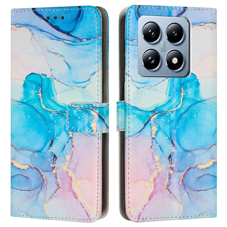 Étui de support pour Xiaomi 14T en cuir PU à motif marbre avec dragonne - Rose / Vert